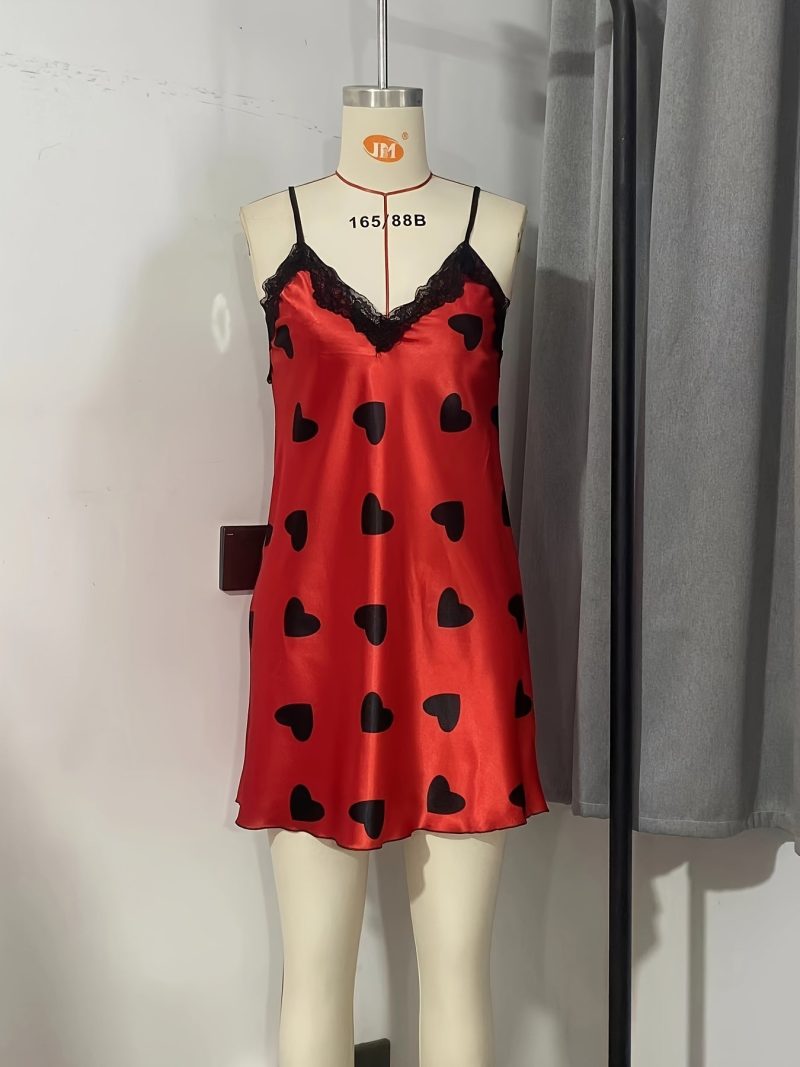Women's Festive Heart Print Contrast Lace Spaghetti Strap Sexy Nightgown - Image 4