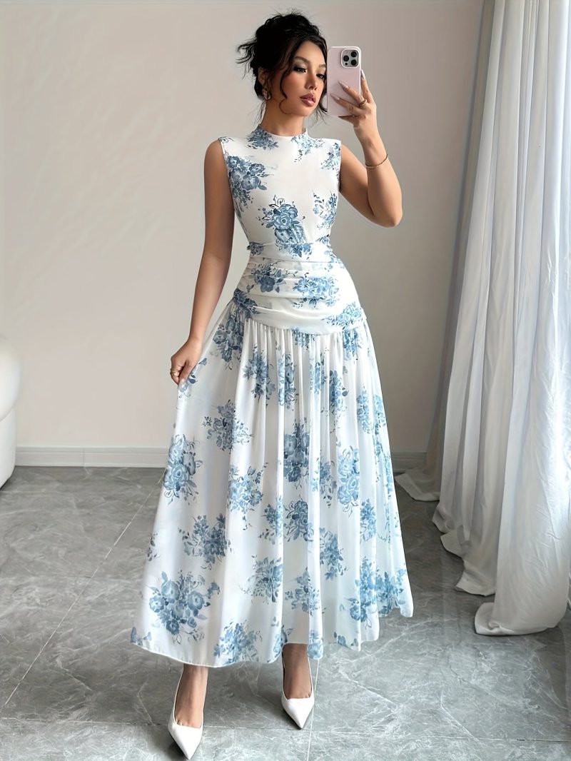 Elegant Sleeveless Floral Print Maxi Dress for Women - Stand Collar, A-Line Silhouette, Light Blue Floral Pattern, Perfect for Spring/Summer, Floral Dress - Image 2