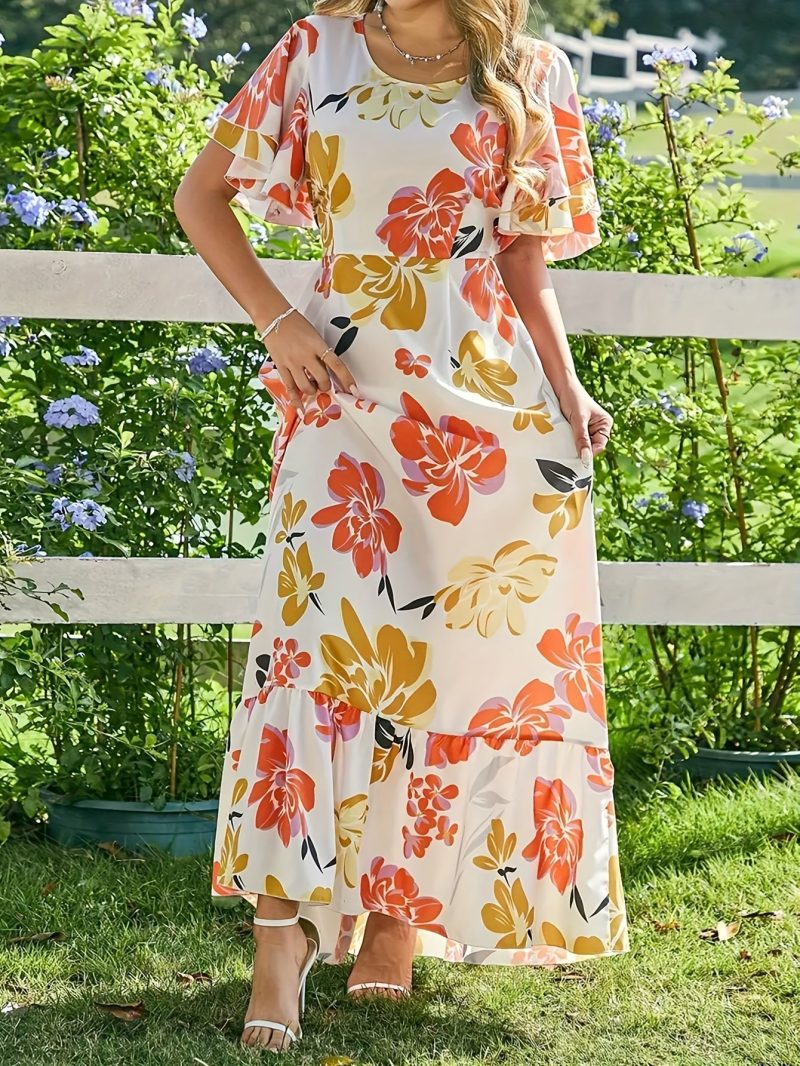 Women's French Floral Print Ruffled Sleeve Round Neck Maxi Dress - Lightweight Polyester, Casual Summer Beach Outfit, Blue Floral Print Pattern, Tiered Design, Machine Washable, Summer Beachwear | French Floral Print Design | Tiered Skirt Dress, Beach Dre - Image 3
