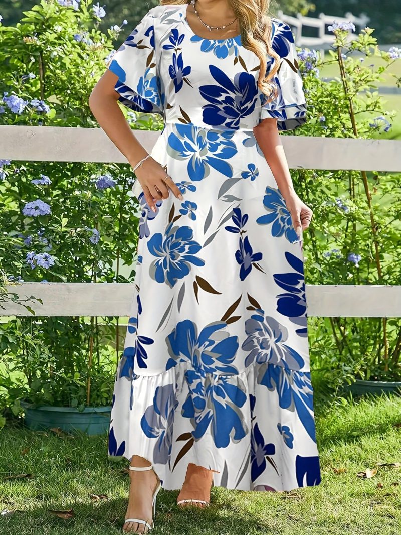 Women's French Floral Print Ruffled Sleeve Round Neck Maxi Dress - Lightweight Polyester, Casual Summer Beach Outfit, Blue Floral Print Pattern, Tiered Design, Machine Washable, Summer Beachwear | French Floral Print Design | Tiered Skirt Dress, Beach Dre - Image 2