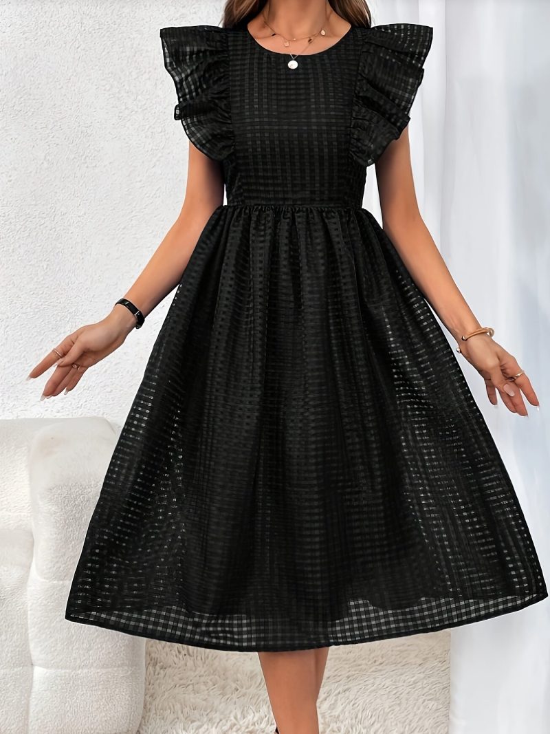 Women's Sleeveless A-Line Dress - Solid Black Small Grid Texture, Ruffled Neck & Flared Hem, Machine Washable Midi-Length for Casual & Formal Occasions, Discreet Button Details - Image 3