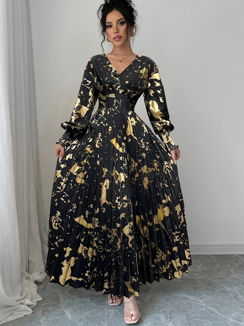 [Elegant V-Neck Dress] Elegant Golden V-Neck Long Sleeve Dress | Women's A-Line Pleated Semi-Sheer Design for Spring Summer Fall, Casual to Formal Occasions - Image 2