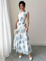 Elegant Sleeveless Floral Print Maxi Dress for Women - Stand Collar, A-Line Silhouette, Light Blue Floral Pattern, Perfect for Spring/Summer, Floral Dress