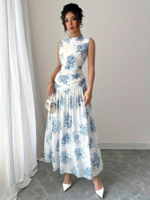 Elegant Sleeveless Floral Print Maxi Dress for Women - Stand Collar, A-Line Silhouette, Light Blue Floral Pattern, Perfect for Spring/Summer, Floral Dress