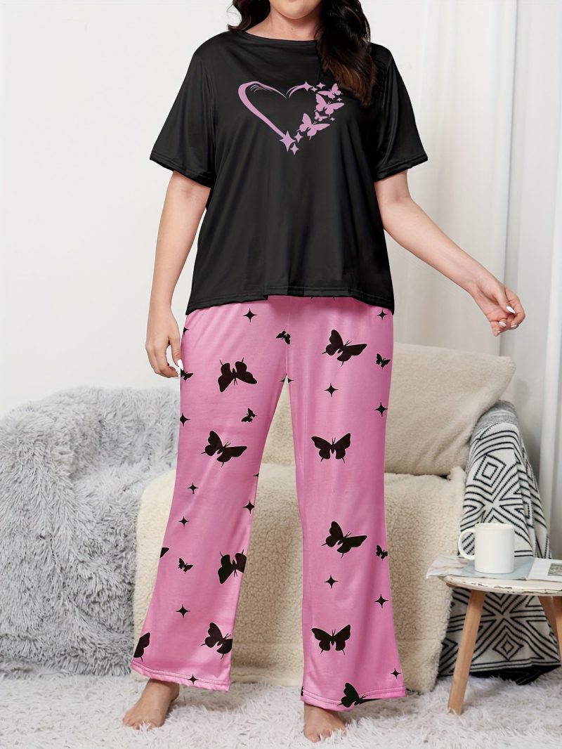 Spring/Summer/Autumn Large Size Women's Plus Size Valentine's Day Short Sleeve Long Pants Wearable Pajamas and Home Clothes Love Print Women's Loose Casual Suit - Image 3