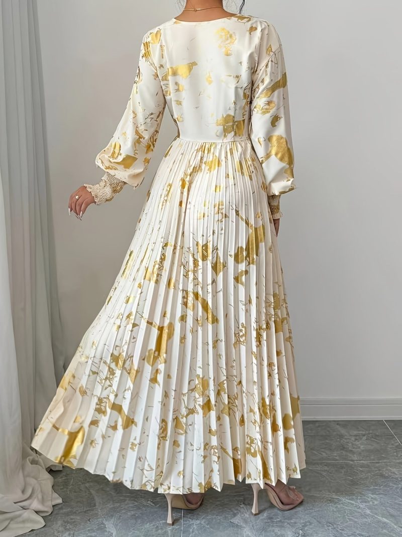 [Elegant V-Neck Dress] Elegant Golden V-Neck Long Sleeve Dress | Women's A-Line Pleated Semi-Sheer Design for Spring Summer Fall, Casual to Formal Occasions - Image 4