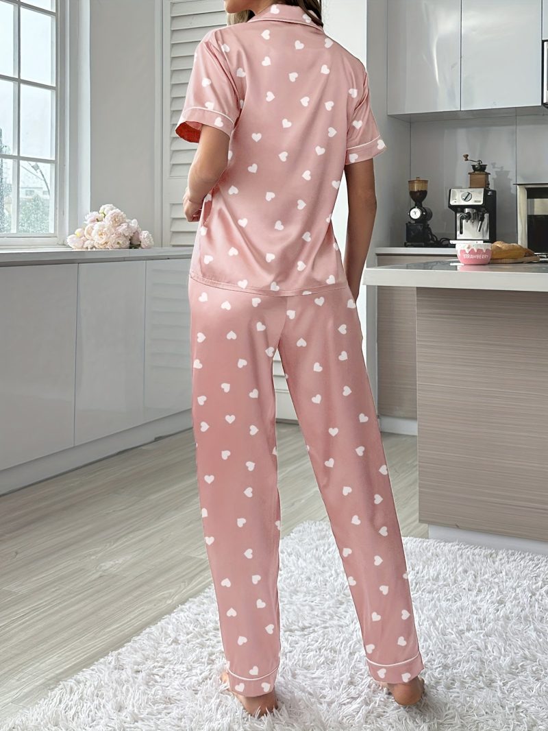 Cozy Heart Print Satin Pajama Set - Soft Short Sleeve Buttons Lapel Top & Pants with Comfortable Relaxed Fit, Perfect for Lounging Around - Women's Casual Sleepwear for a Restful Night's Sleep - Image 5