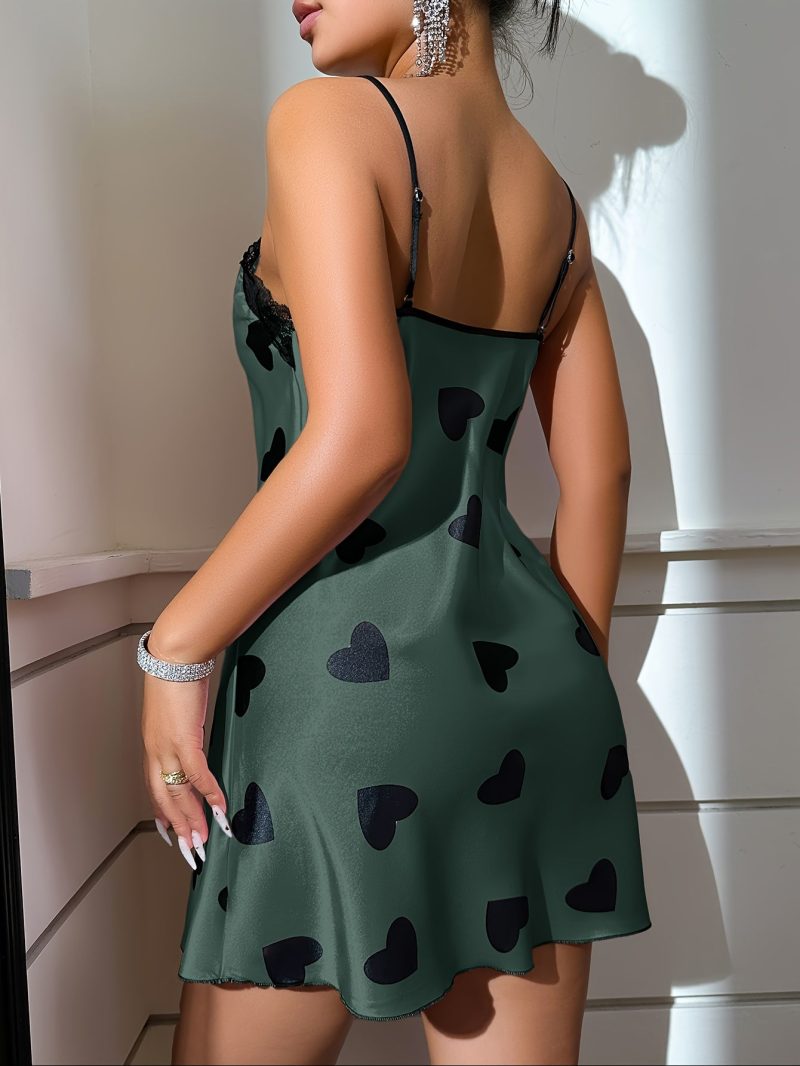 Women's Festive Heart Print Contrast Lace Spaghetti Strap Sexy Nightgown - Image 6