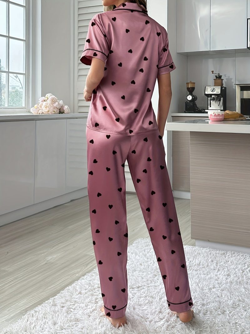 Cozy Heart Print Satin Pajama Set - Soft Short Sleeve Buttons Lapel Top & Pants with Comfortable Relaxed Fit, Perfect for Lounging Around - Women's Casual Sleepwear for a Restful Night's Sleep - Image 4