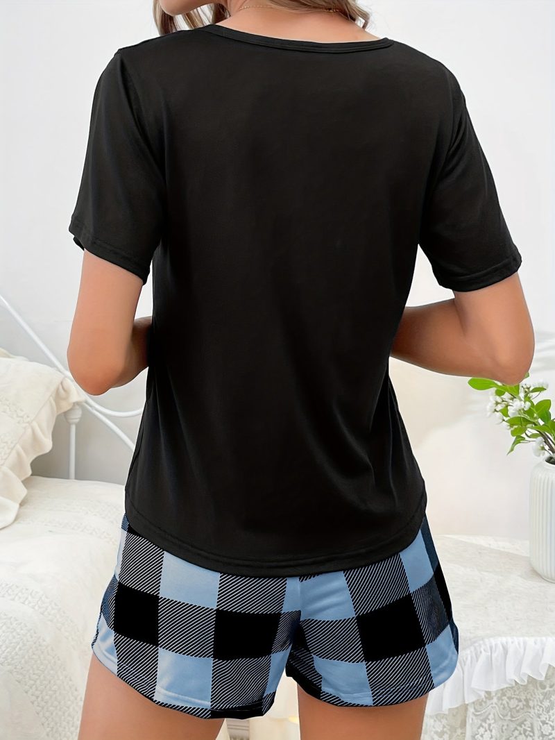 Ladies' Cute Checkered Summer Pajama Set - Black Short sleeved Top with Pocket and Blue Checkered Drawstring Shorts, Comfortable Polyester Pajamas, Sleepwear - Image 6