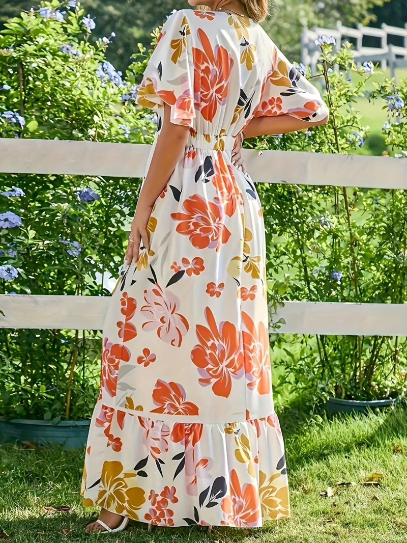 Women's French Floral Print Ruffled Sleeve Round Neck Maxi Dress - Lightweight Polyester, Casual Summer Beach Outfit, Blue Floral Print Pattern, Tiered Design, Machine Washable, Summer Beachwear | French Floral Print Design | Tiered Skirt Dress, Beach Dre - Image 5