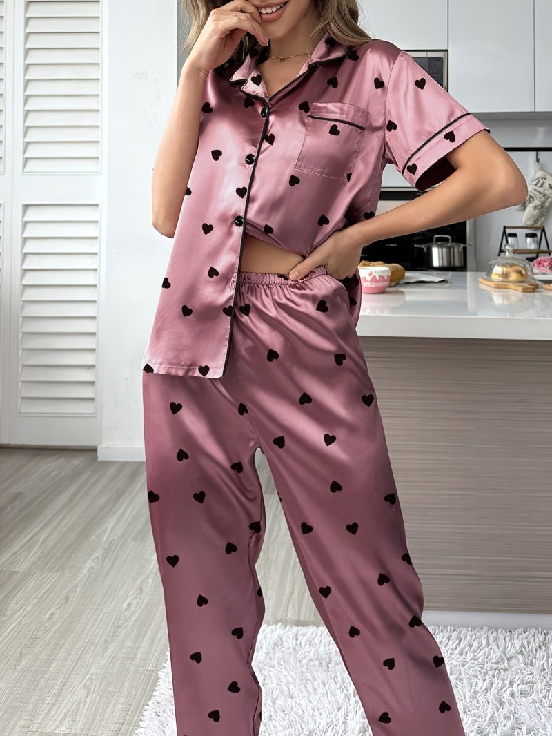 Cozy Heart Print Satin Pajama Set - Soft Short Sleeve Buttons Lapel Top & Pants with Comfortable Relaxed Fit, Perfect for Lounging Around - Women's Casual Sleepwear for a Restful Night's Sleep - Image 6