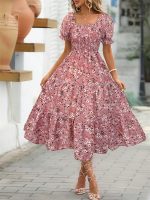 [Elegant Floral Midi Dress] Floral Print Women's Elegant Midi Dress with Ruffle Sleeves, Square Neck, and Cinched Waist | Polyester Fabric | Perfect for Spring/Summer, Casual Style, Casual Summer Wear