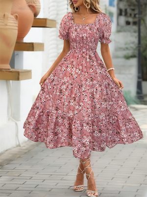 [Elegant Floral Midi Dress] Floral Print Women's Elegant Midi Dress with Ruffle Sleeves, Square Neck, and Cinched Waist | Polyester Fabric | Perfect for Spring/Summer, Casual Style, Casual Summer Wear