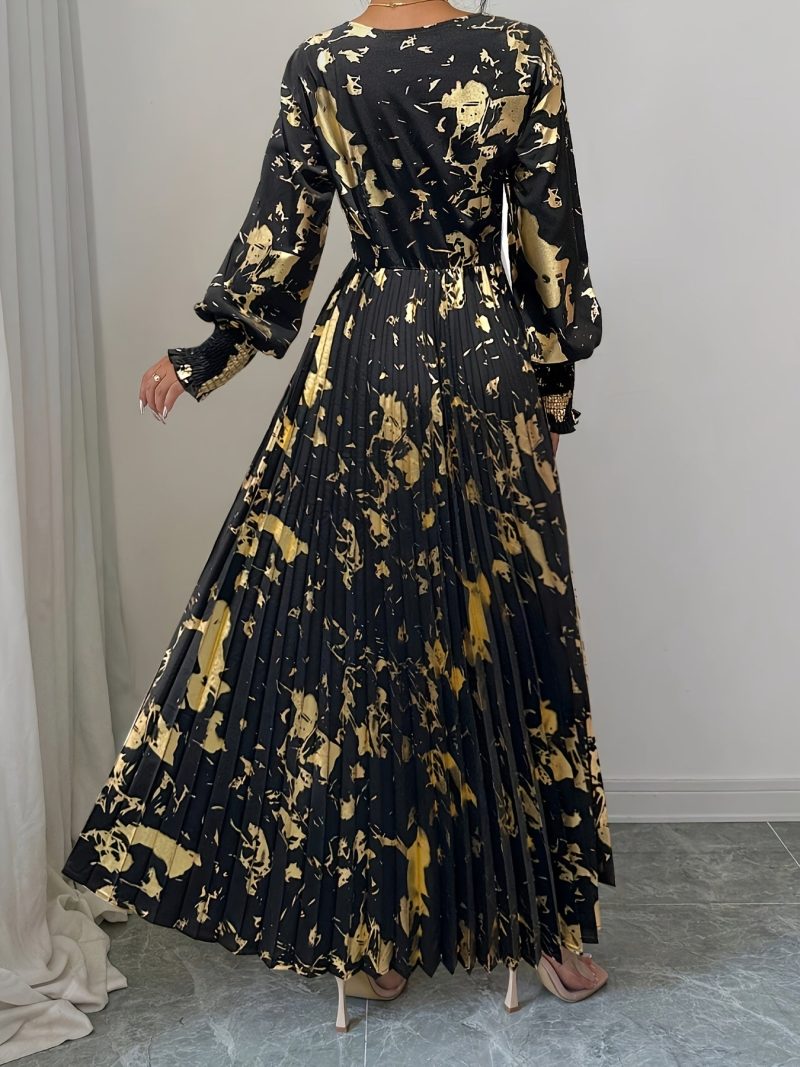 [Elegant V-Neck Dress] Elegant Golden V-Neck Long Sleeve Dress | Women's A-Line Pleated Semi-Sheer Design for Spring Summer Fall, Casual to Formal Occasions - Image 3