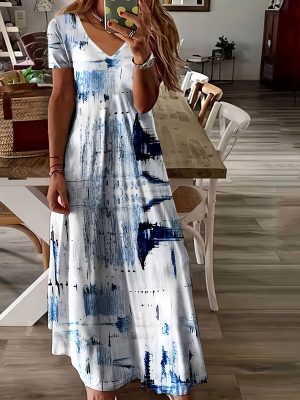 [Tie-Dye Maxi Dress] Summer Breathable Women's V-Neck Short Sleeve Tie-Dye A-Line Maxi Dress | Machine Washable Long Dress with Medium Stretch for Beach, Picnics & Casual Outings