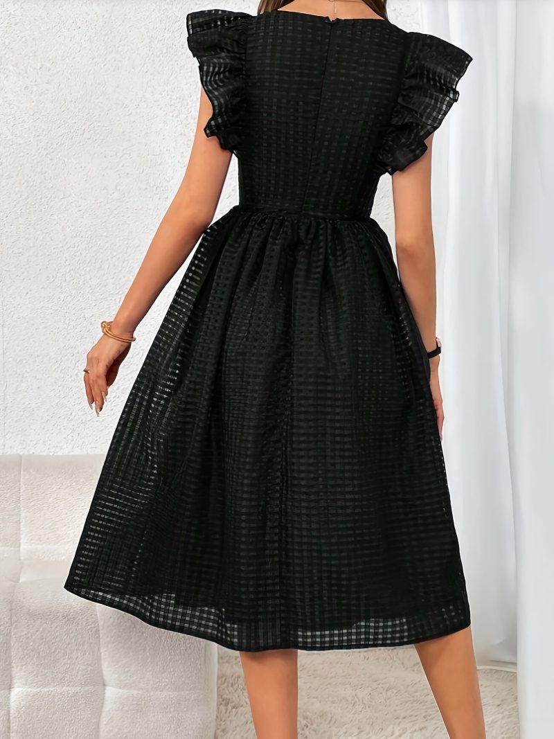 Women's Sleeveless A-Line Dress - Solid Black Small Grid Texture, Ruffled Neck & Flared Hem, Machine Washable Midi-Length for Casual & Formal Occasions, Discreet Button Details - Image 2