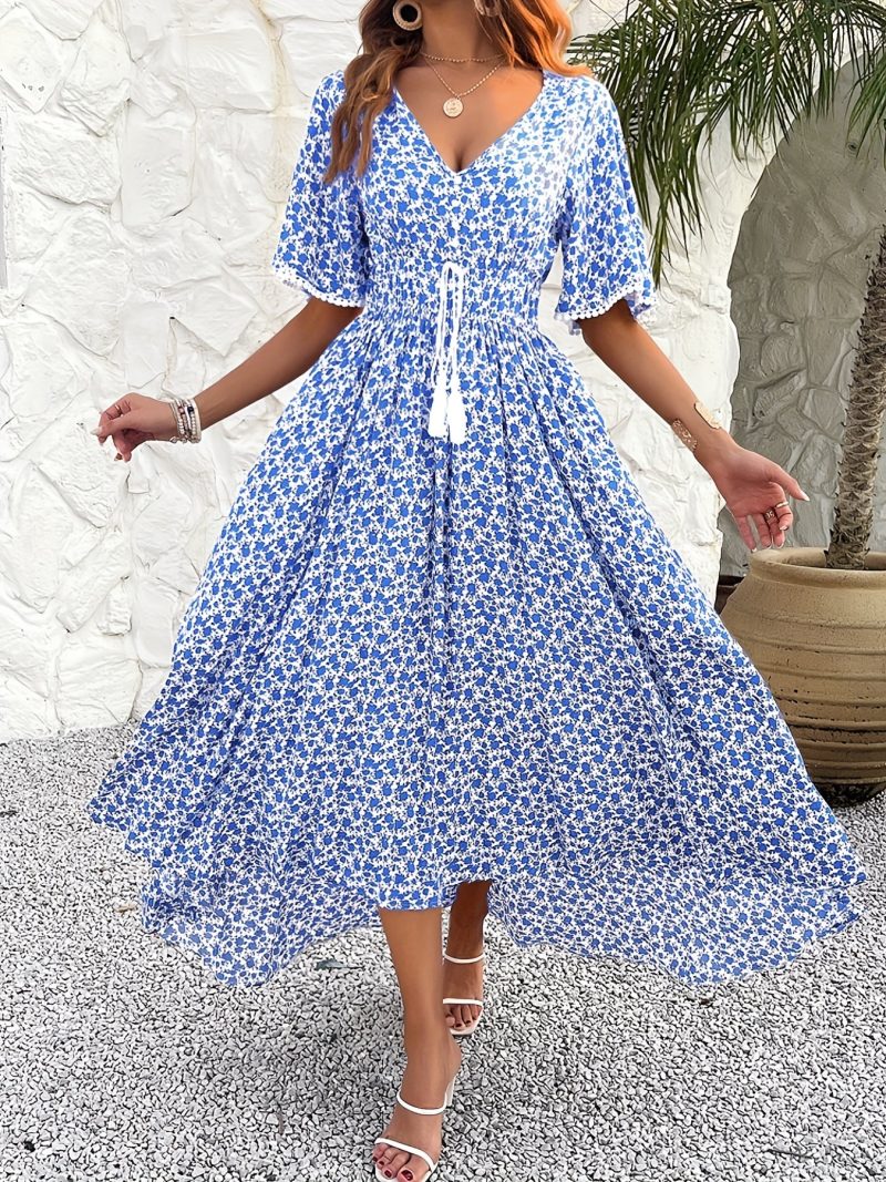 ZAFUL Women's Elegant Floral Print V-Neck Dress - Summer Dresses for Women, Elegant Classy, Short Sleeve, A-Line Silhouette, Non-Sheer Print Fabric, Machine Washable - Perfect for Spring & Summer, Blue Floral Design, Ruffled Hem, All-Season Wear, Casual E - Image 2