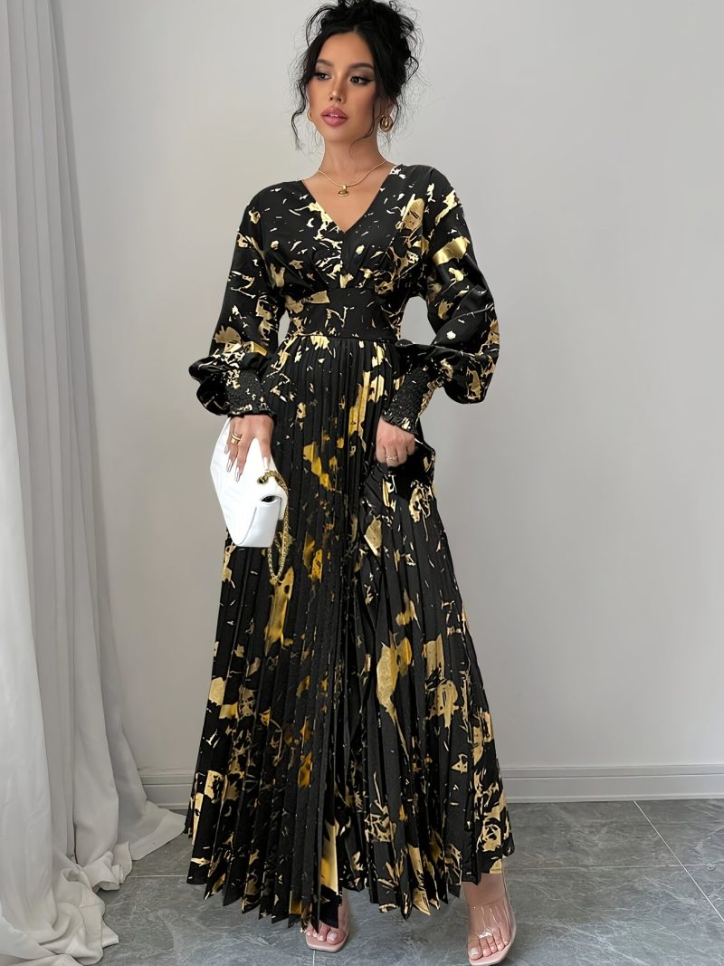 [Elegant V-Neck Dress] Elegant Golden V-Neck Long Sleeve Dress | Women's A-Line Pleated Semi-Sheer Design for Spring Summer Fall, Casual to Formal Occasions - Image 5