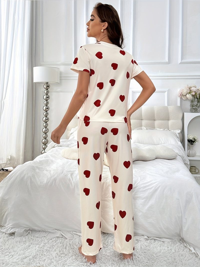 Allover Heart Print Pajama Set, Casual Short Sleeve Round Neck Tee & Elastic Pants, Women's Lounge & Sleepwear - Image 2