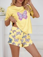 2pcs Women's Pajama Set with Butterfly Pattern Top and Shorts