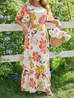 Women's French Floral Print Ruffled Sleeve Round Neck Maxi Dress - Lightweight Polyester, Casual Summer Beach Outfit, Blue Floral Print Pattern, Tiered Design, Machine Washable, Summer Beachwear | French Floral Print Design | Tiered Skirt Dress, Beach Dre