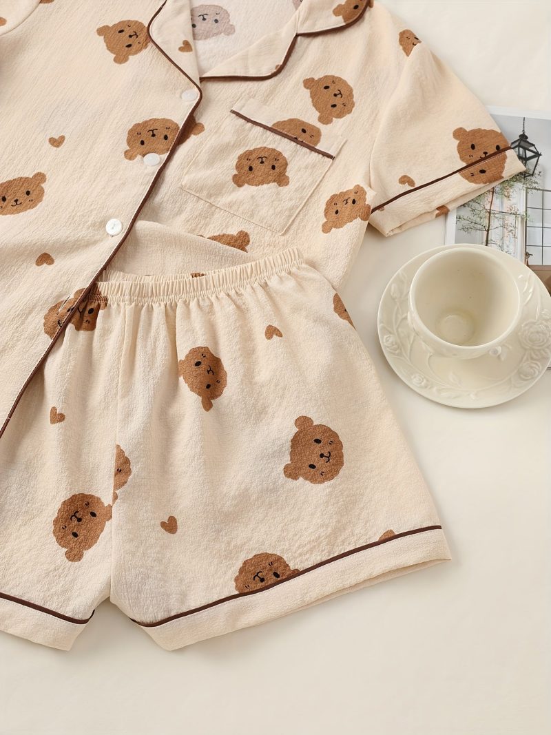 Women's Cute Bear Double Short Puff Sleeve Romper Set - Image 4