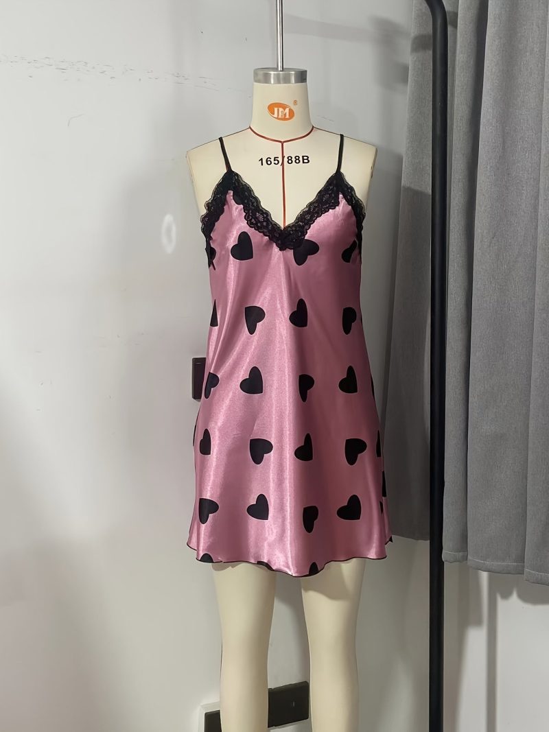 Women's Festive Heart Print Contrast Lace Spaghetti Strap Sexy Nightgown - Image 5