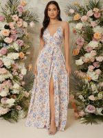 Elegant Floral Print Halter Dress with High Slit - Chic V-Neck, Sleeveless, Flowing Design for Women, Perfect for Spring/Summer/Fall, Adult Fashion, Floral Dress