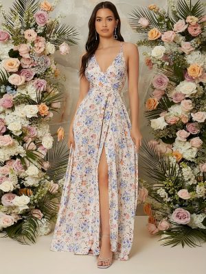 Elegant Floral Print Halter Dress with High Slit - Chic V-Neck, Sleeveless, Flowing Design for Women, Perfect for Spring/Summer/Fall, Adult Fashion, Floral Dress