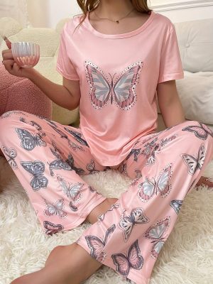 Butterfly printed short sleeved T-shirt and long pants Women's sleepwear set