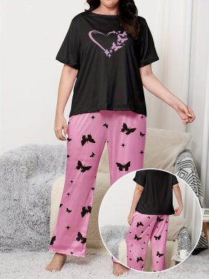 Spring/Summer/Autumn Large Size Women's Plus Size Valentine's Day Short Sleeve Long Pants Wearable Pajamas and Home Clothes Love Print Women's Loose Casual Suit