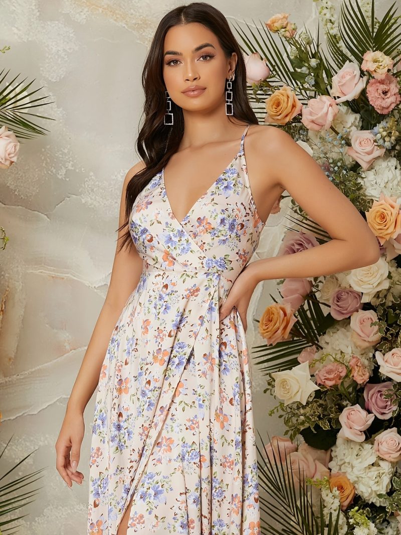 Elegant Floral Print Halter Dress with High Slit - Chic V-Neck, Sleeveless, Flowing Design for Women, Perfect for Spring/Summer/Fall, Adult Fashion, Floral Dress - Image 5