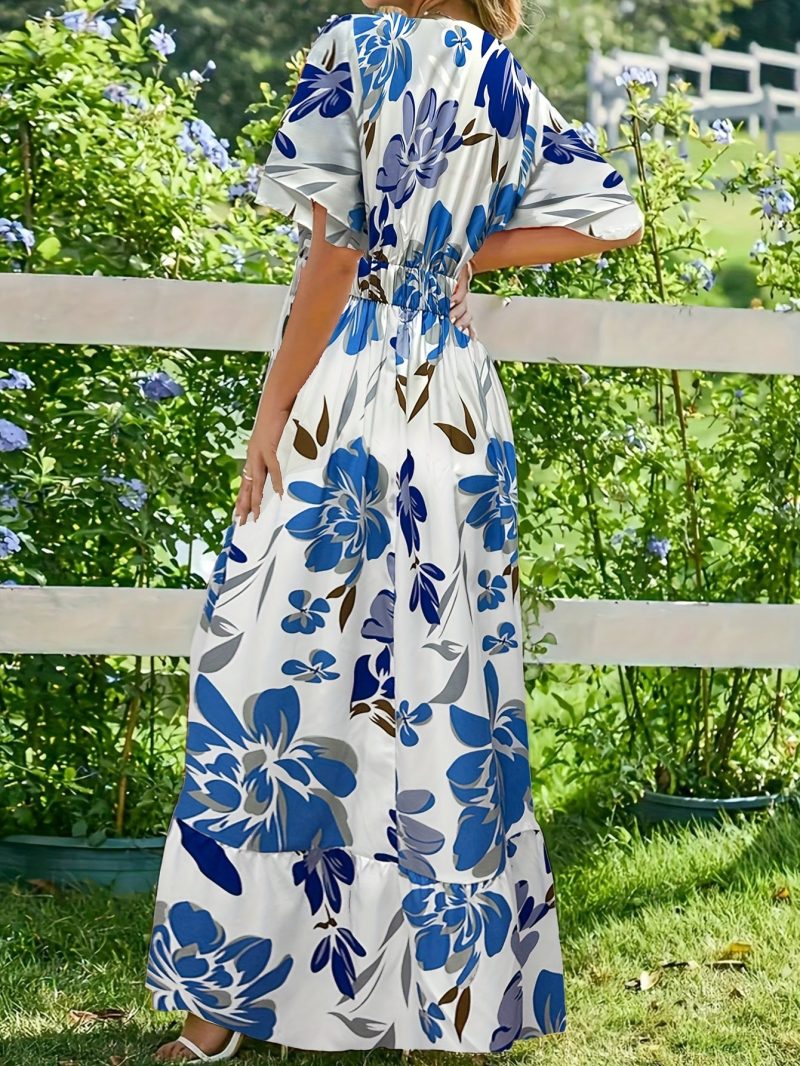 Women's French Floral Print Ruffled Sleeve Round Neck Maxi Dress - Lightweight Polyester, Casual Summer Beach Outfit, Blue Floral Print Pattern, Tiered Design, Machine Washable, Summer Beachwear | French Floral Print Design | Tiered Skirt Dress, Beach Dre - Image 4