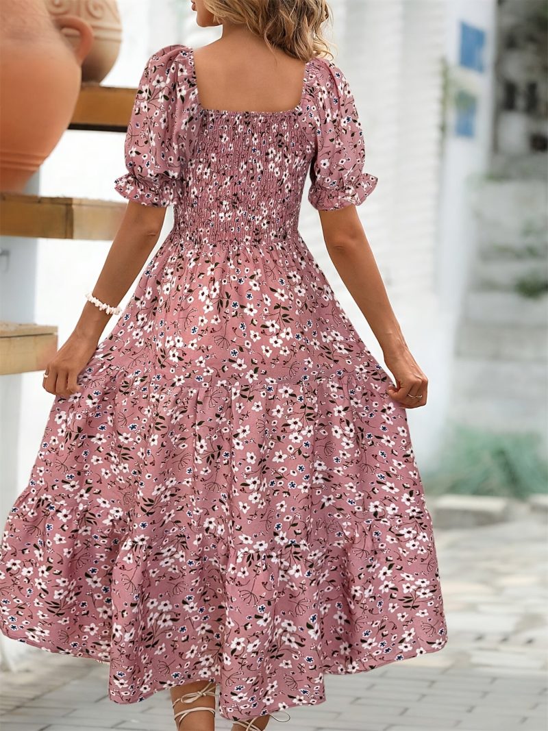 [Elegant Floral Midi Dress] Floral Print Women's Elegant Midi Dress with Ruffle Sleeves, Square Neck, and Cinched Waist | Polyester Fabric | Perfect for Spring/Summer, Casual Style, Casual Summer Wear - Image 2