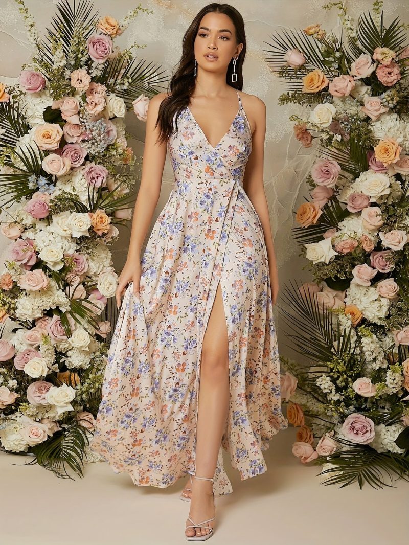 Elegant Floral Print Halter Dress with High Slit - Chic V-Neck, Sleeveless, Flowing Design for Women, Perfect for Spring/Summer/Fall, Adult Fashion, Floral Dress - Image 2