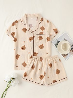 Women's Cute Bear Double Short Puff Sleeve Romper Set