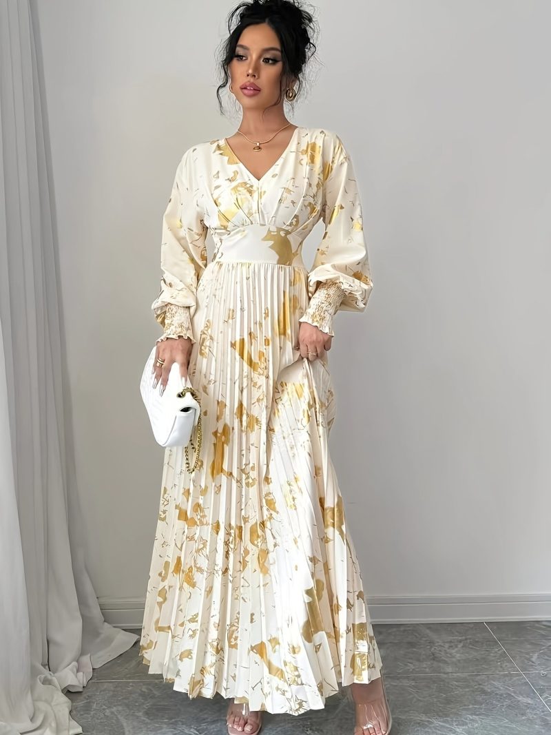 [Elegant V-Neck Dress] Elegant Golden V-Neck Long Sleeve Dress | Women's A-Line Pleated Semi-Sheer Design for Spring Summer Fall, Casual to Formal Occasions - Image 6