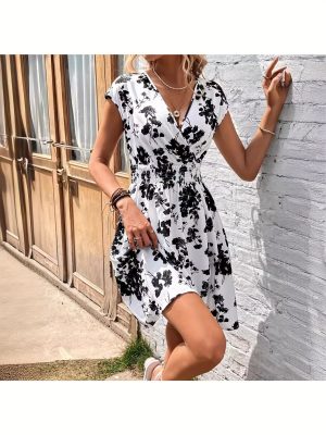 Women'S Elegant Floral Print A-Line Dress | Relaxed Fit For Spring/Summer/Fall | Party, Casual & Formal Events | Non-Stretchy Quality Fabric
