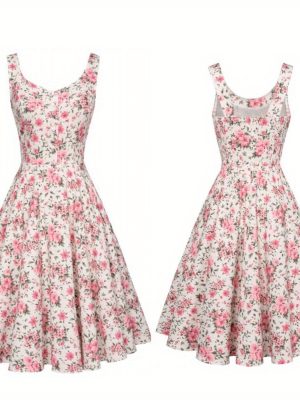 Women's Floral Print Sweetheart Neck Sleeveless Cami Dress - Slim Fit A-Line with Ruffled Hem, Pink & White Floral Pattern, Machine Washable Spring Summer Casual Dress