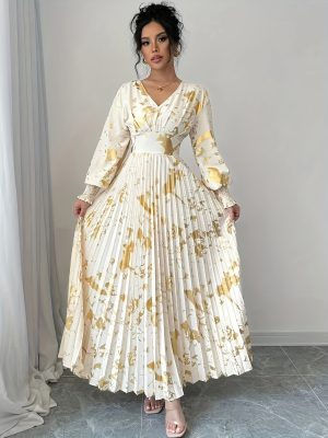 [Elegant V-Neck Dress] Elegant Golden V-Neck Long Sleeve Dress | Women's A-Line Pleated Semi-Sheer Design for Spring Summer Fall, Casual to Formal Occasions