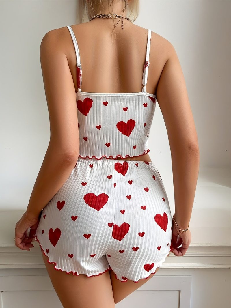 [Comfortable Pajama Set] Comfortable Ladies Fashion Heart Printed Ribbed Camisole Pajama Set | Machine Washable Stretch - Image 3