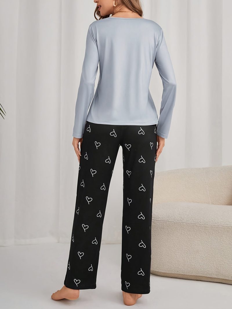 Women's Heart Print Casual Pajama Set, Long Sleeve Round Neck Top & Pants, Comfortable Relaxed Fit For Fall Lounge & Sleepwear - Image 3