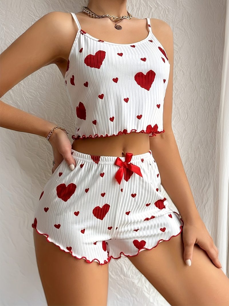 [Comfortable Pajama Set] Comfortable Ladies Fashion Heart Printed Ribbed Camisole Pajama Set | Machine Washable Stretch - Image 2