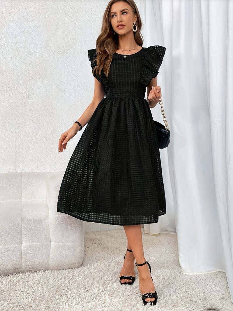 Women's Sleeveless A-Line Dress - Solid Black Small Grid Texture, Ruffled Neck & Flared Hem, Machine Washable Midi-Length for Casual & Formal Occasions, Discreet Button Details - Image 4