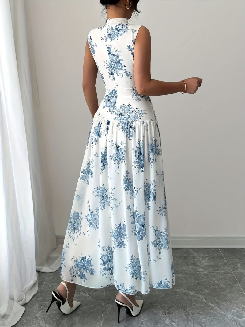 Elegant Sleeveless Floral Print Maxi Dress for Women - Stand Collar, A-Line Silhouette, Light Blue Floral Pattern, Perfect for Spring/Summer, Floral Dress - Image 3