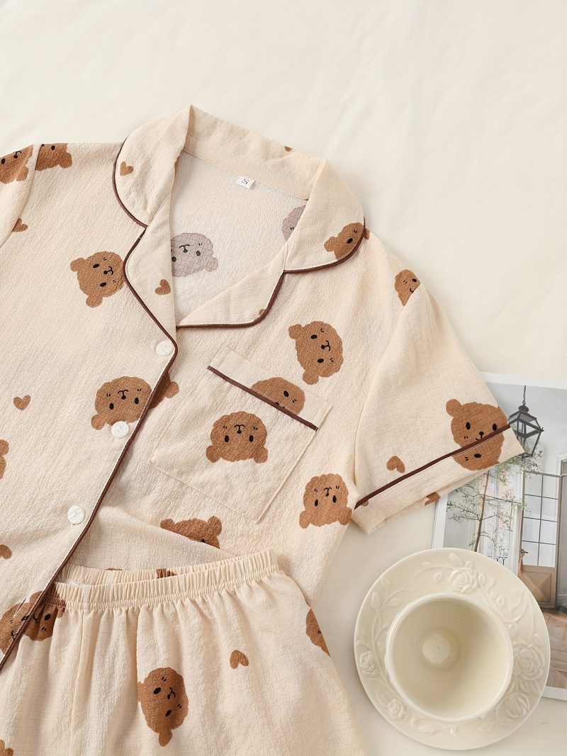 Women's Cute Bear Double Short Puff Sleeve Romper Set - Image 3