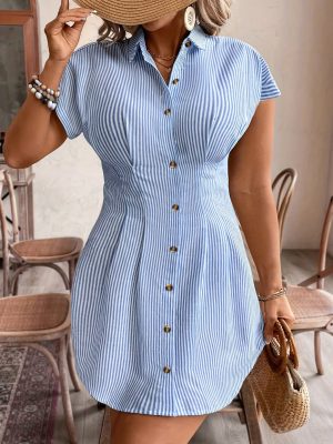 [Plus Size Dress] Comfortable Women's Plus Size Striped A-Line Shirt Dress | Short Sleeve, Button-Up, High-Waist, Casual Office Dress for Summer