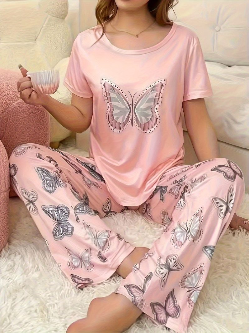 [Butterfly Print Pajamas] Soft Polyester Blend Women's Plus Size Butterfly Print Pajama Set | Short Sleeve Crew Neck Top & Pants, All-Season Comfort, Elegant Design for Adult - Image 5