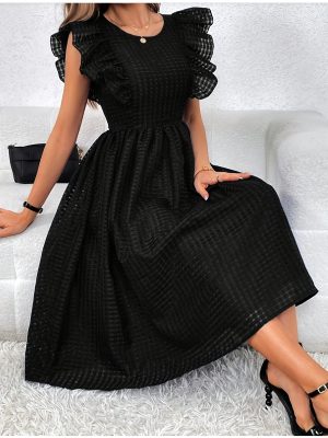 Women's Sleeveless A-Line Dress - Solid Black Small Grid Texture, Ruffled Neck & Flared Hem, Machine Washable Midi-Length for Casual & Formal Occasions, Discreet Button Details
